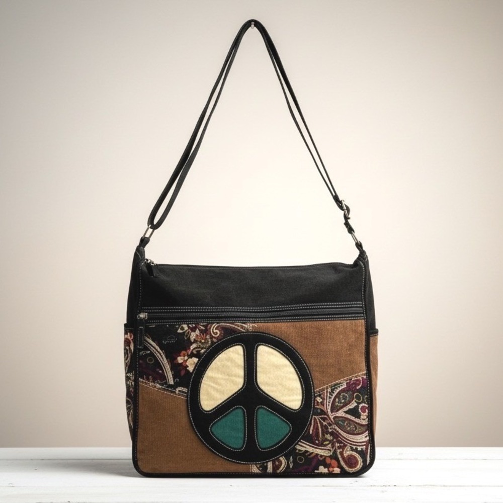 Boho Hippie Vintage Style Patchwork Crossbody Bag Corduroy Messenger Peace Sign